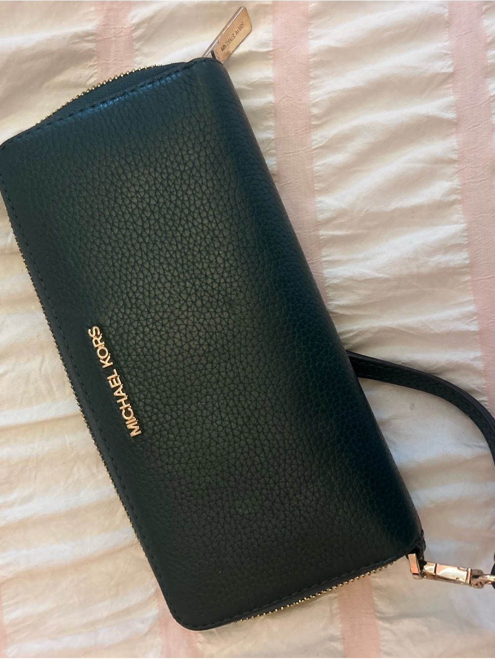 MICHAEL KORS Black Pebbled Leather Zip Wristlet with Gold Hardware